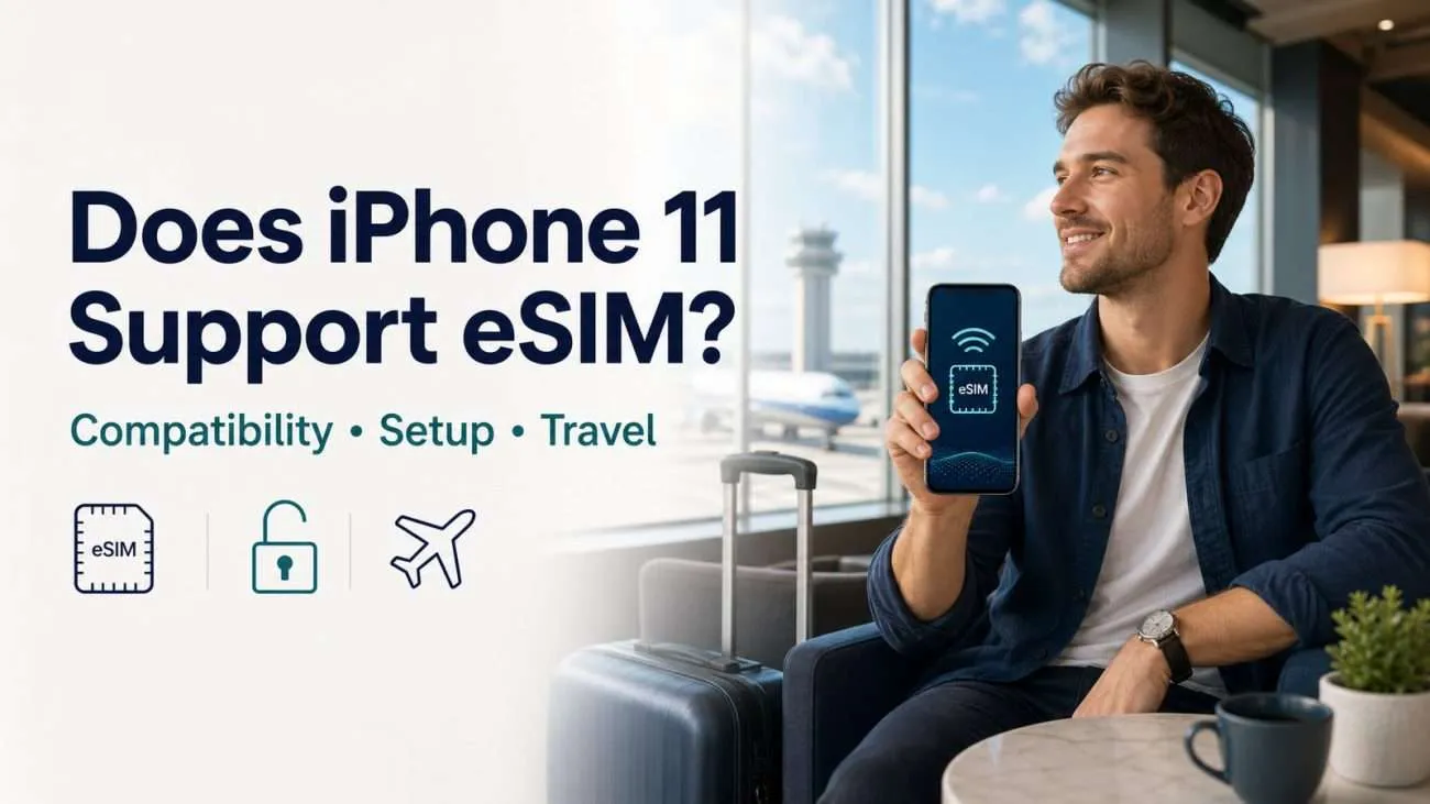 Traveler checking iPhone 11 eSIM compatibility before a flight