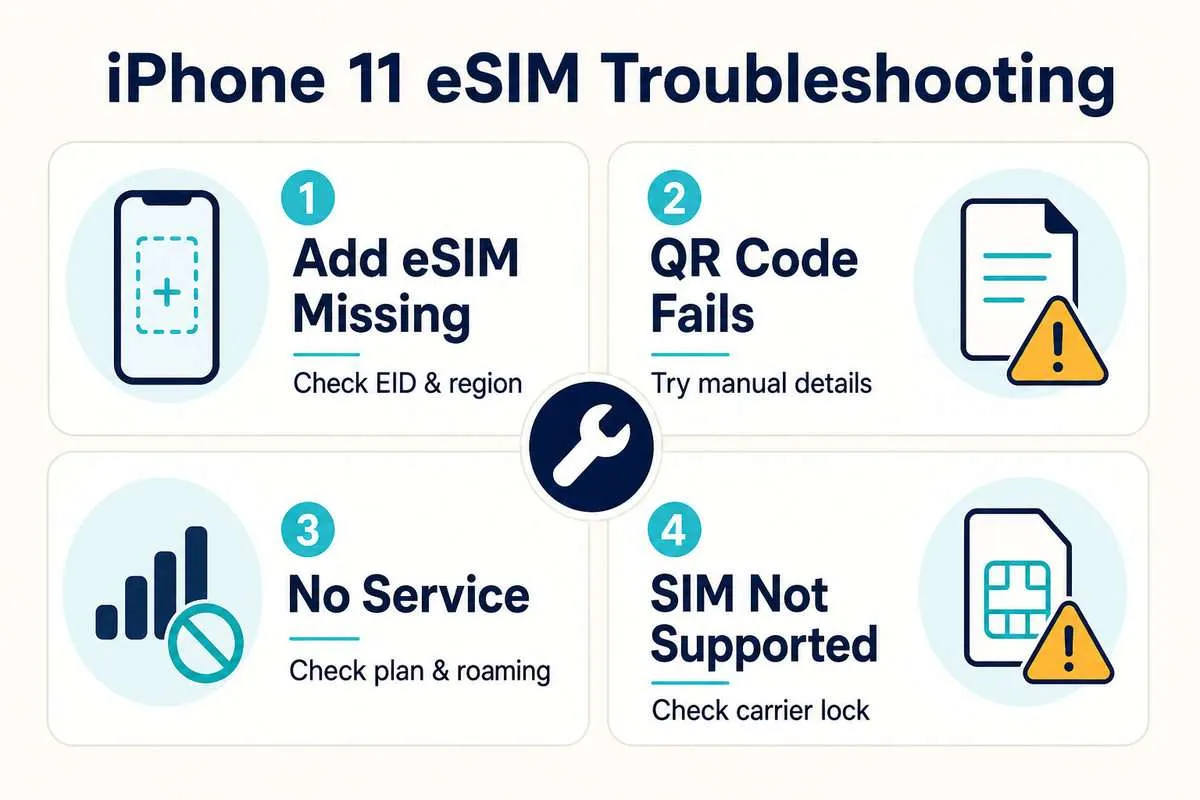 iPhone 11 eSIM Troubleshooting Checklist iPhone 11 eSIM troubleshooting for missing Add eSIM, QR code and no-data problems