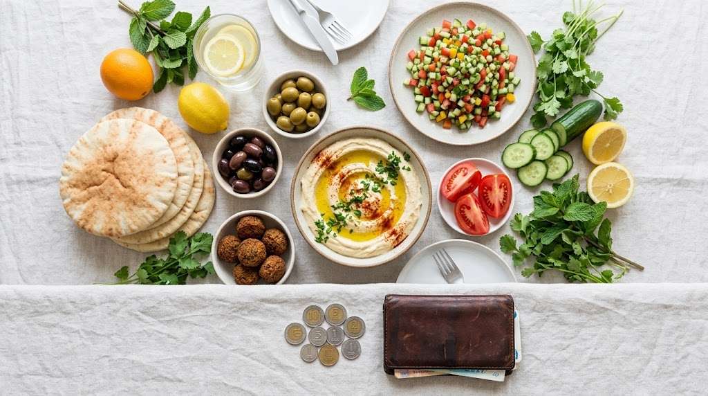 Israel Travel Budget Israel travel budget flat-lay of market food with shekel coins