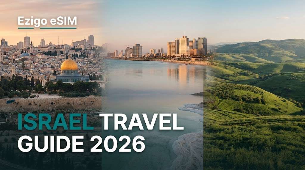 Israel Travel Guide 2026 hero image showing the Dome of the Rock in Jerusalem, Tel Aviv beachfront skyline, and green Galilee hills