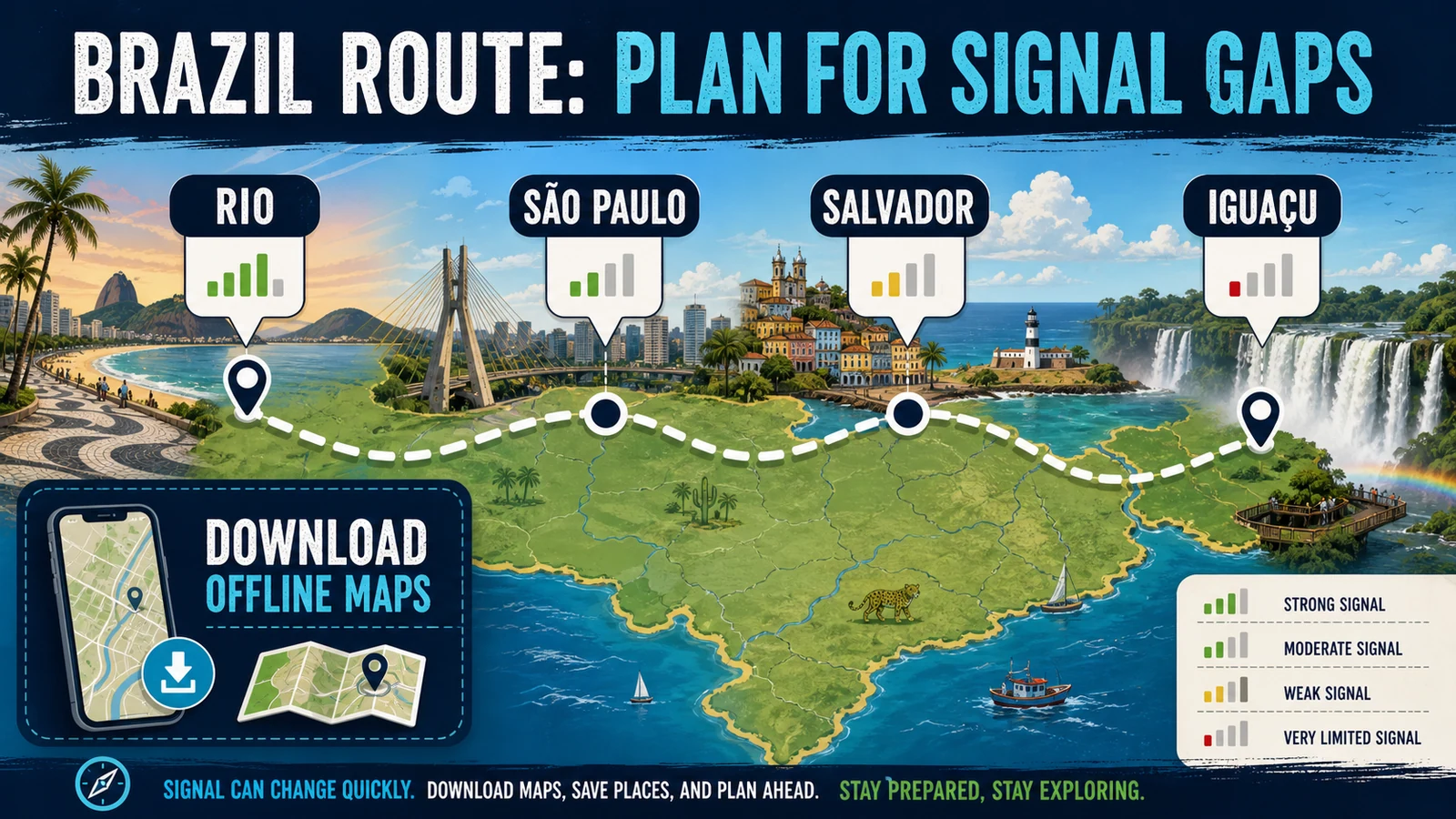 Brazil eSIM network and offline route planning Planning a Brazil travel route with eSIM network and offline map considerations