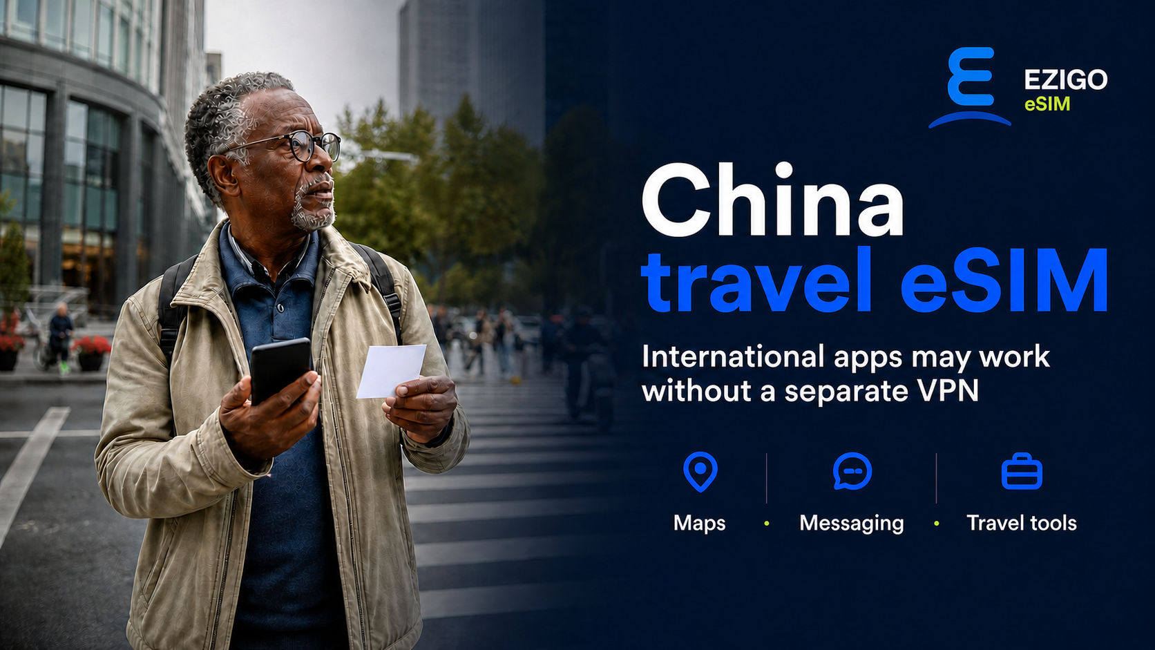 Traveler using a China travel eSIM for maps, messaging and international travel apps
