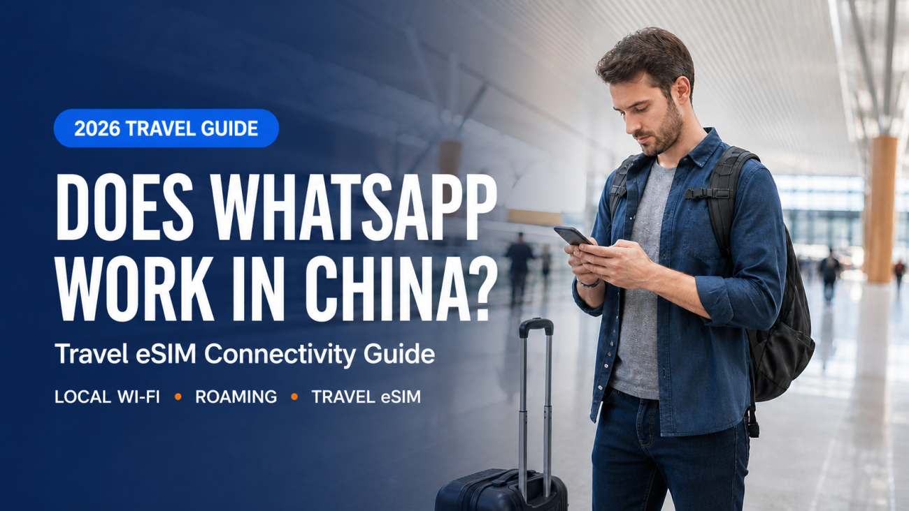 Does WhatsApp work in China article cover with a traveler at a high-speed rail station