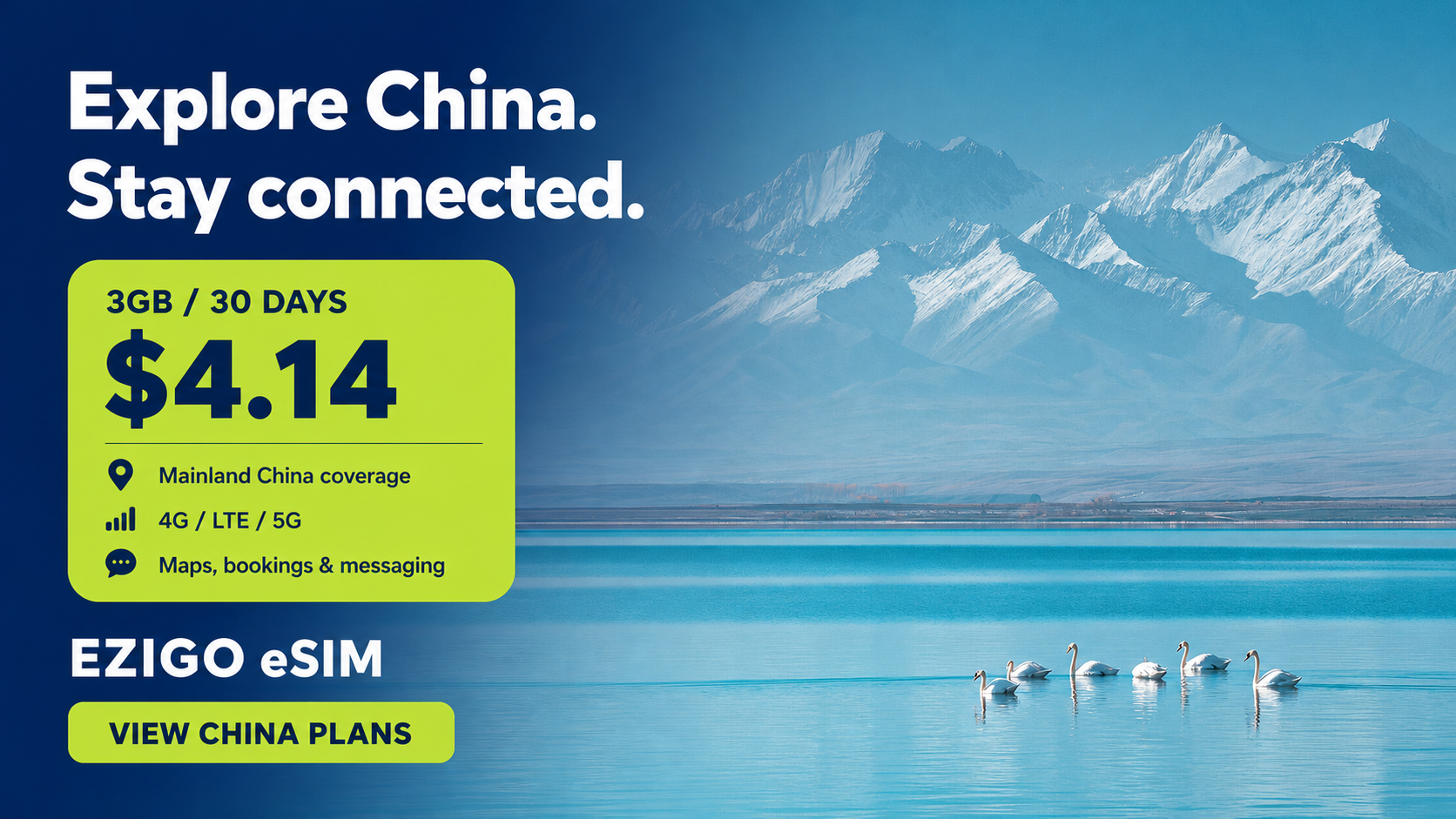 3GB China eSIM plan for 30-day travel Sayram Lake landscape with an Ezigo China eSIM 3GB price card