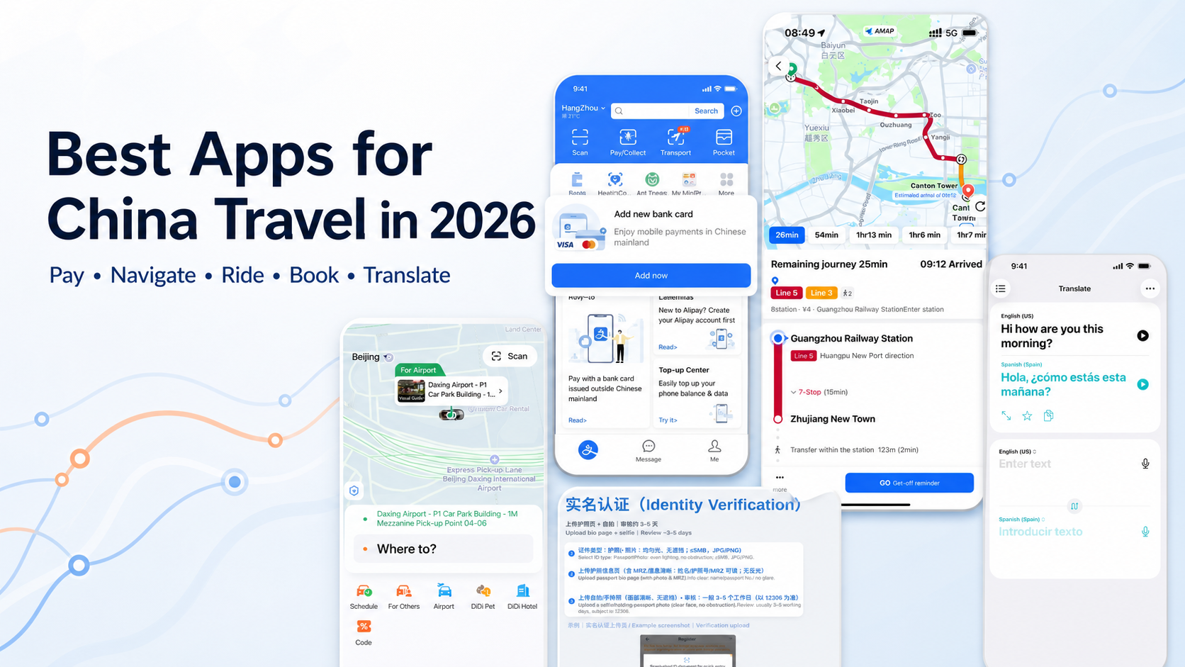 Best apps for China travel in 2026 shown with Alipay, DiDi, AMap, Railway 12306 and Apple Translate screens