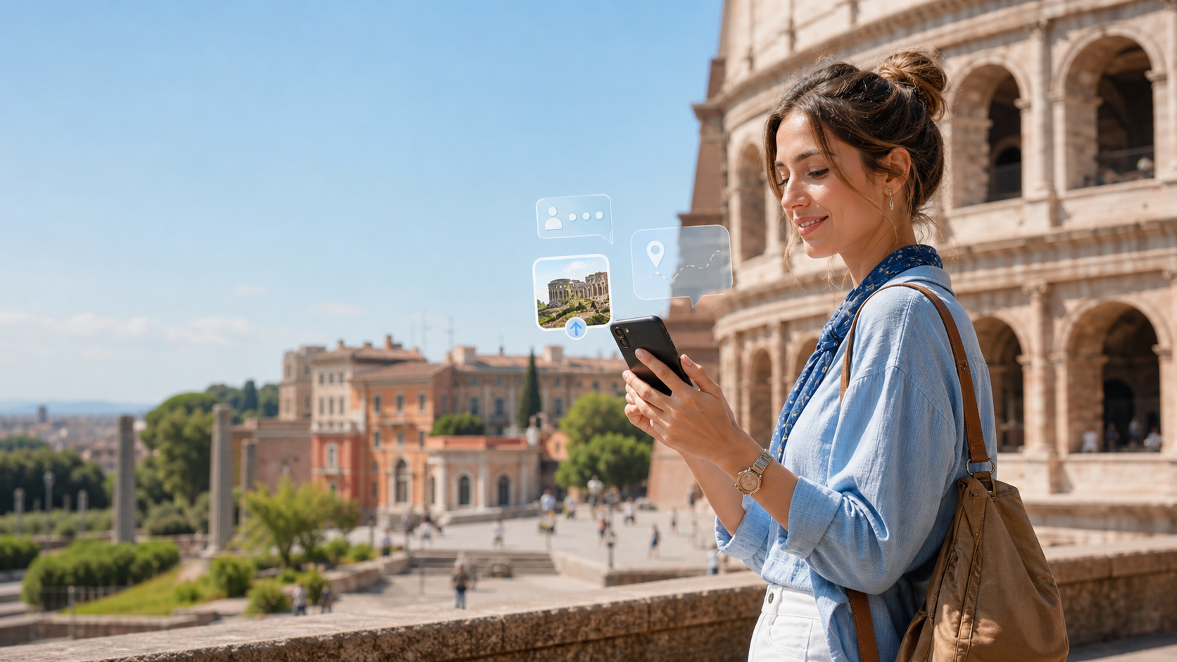 Italy eSIM mobile data use while traveling in Rome Traveler using an Italy eSIM for maps and messaging near the Colosseum in Rome
