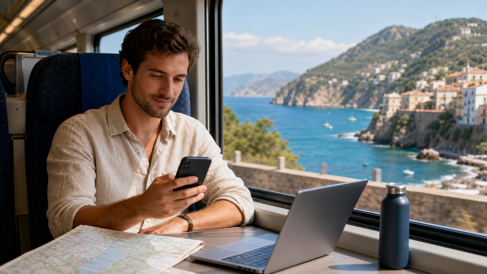 Italy train travel with eSIM and hotspot use Traveler using an Italy eSIM on a train with a phone, laptop, and travel map