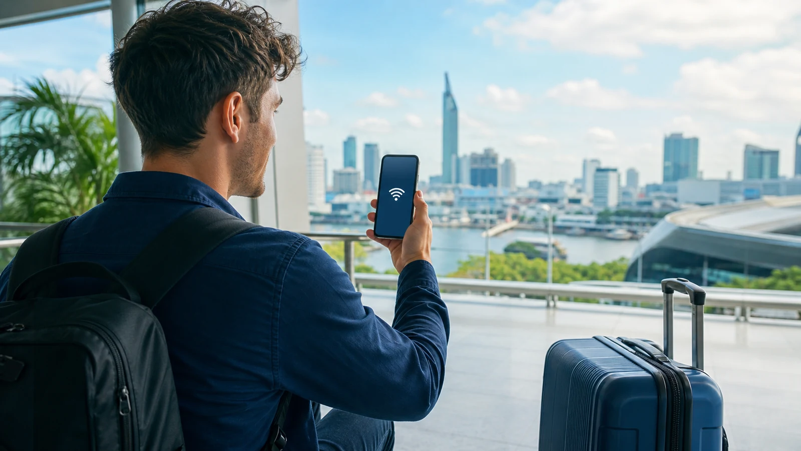Best eSIM for Thailand Travel in 2026 Traveler using a Thailand travel eSIM after arriving in Bangkok