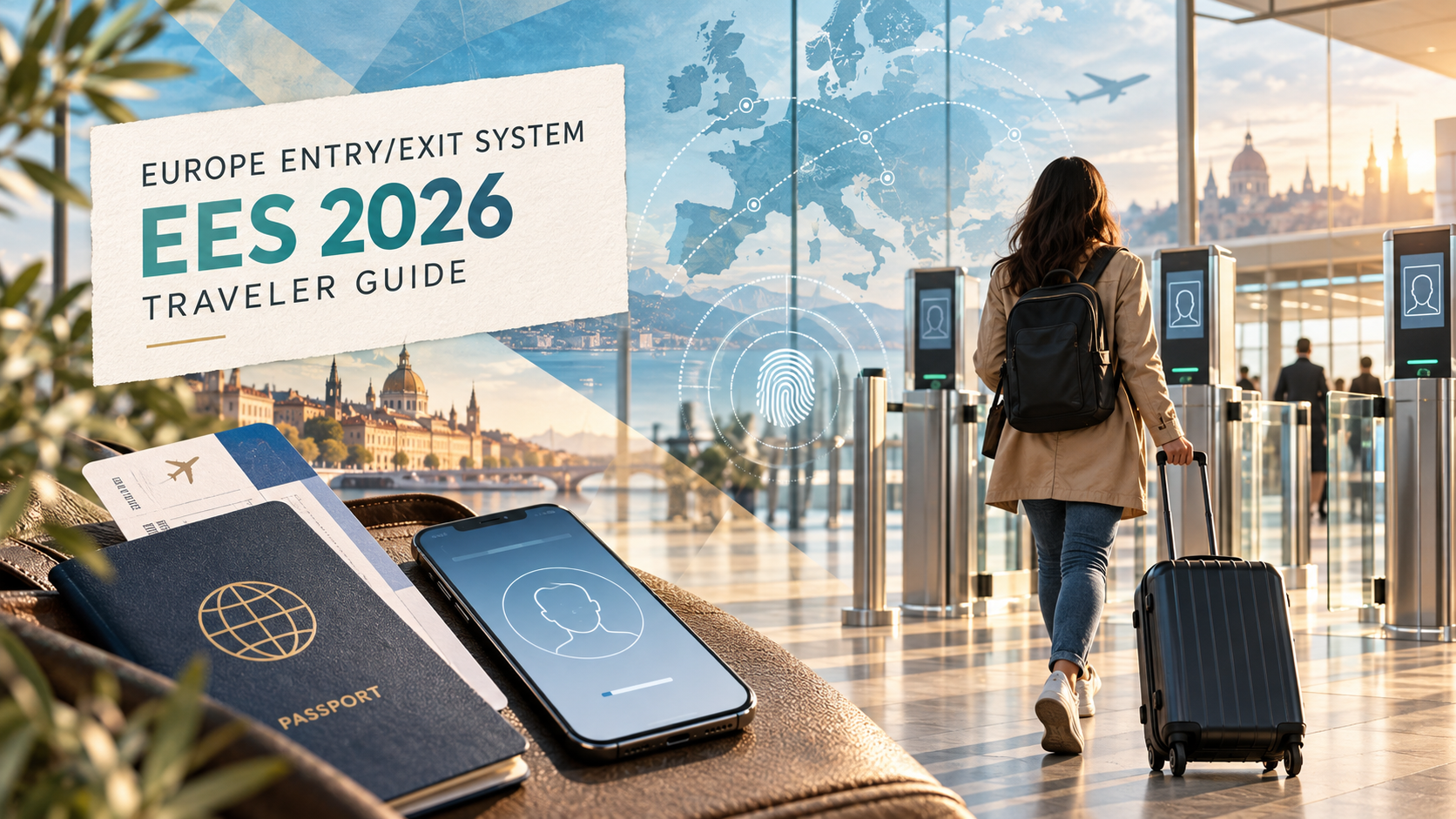 Europe Entry Exit System 2026 travel guide collage showing a passport, biometric scan, route map and traveller at airport border gates