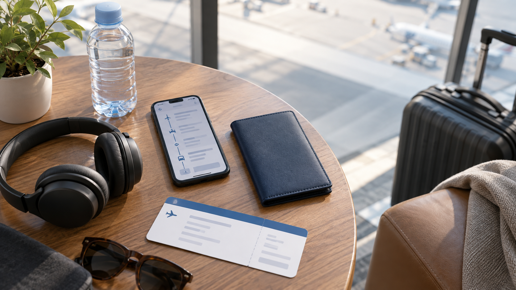 Travel documents and smartphone ready for flight departure