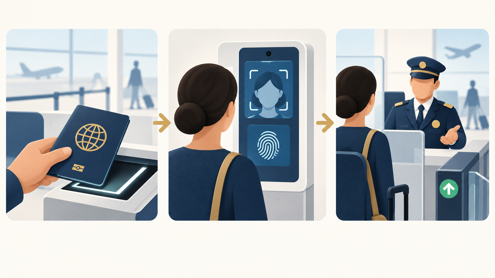 Self-service biometric terminal and border control desk at airport