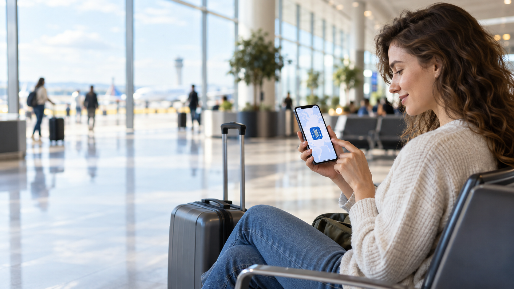 Traveller using smartphone after passing airport border control