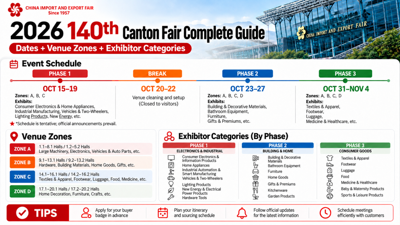 English infographic showing the 2026 Canton Fair schedule, venue zones, and exhibitor categories.