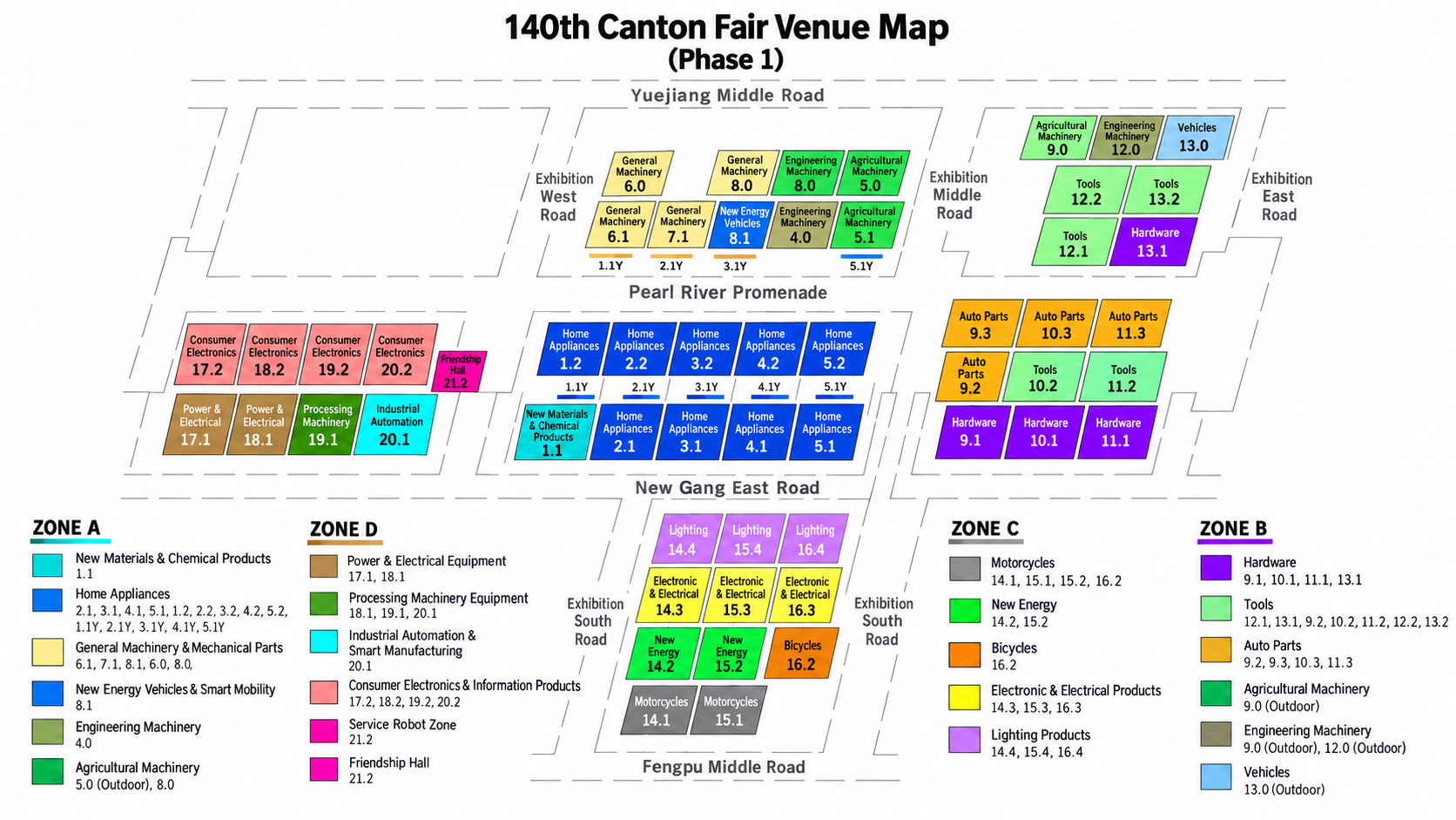 Canton Fair 2026 Phase 1 map showing advanced manufacturing halls and product zones