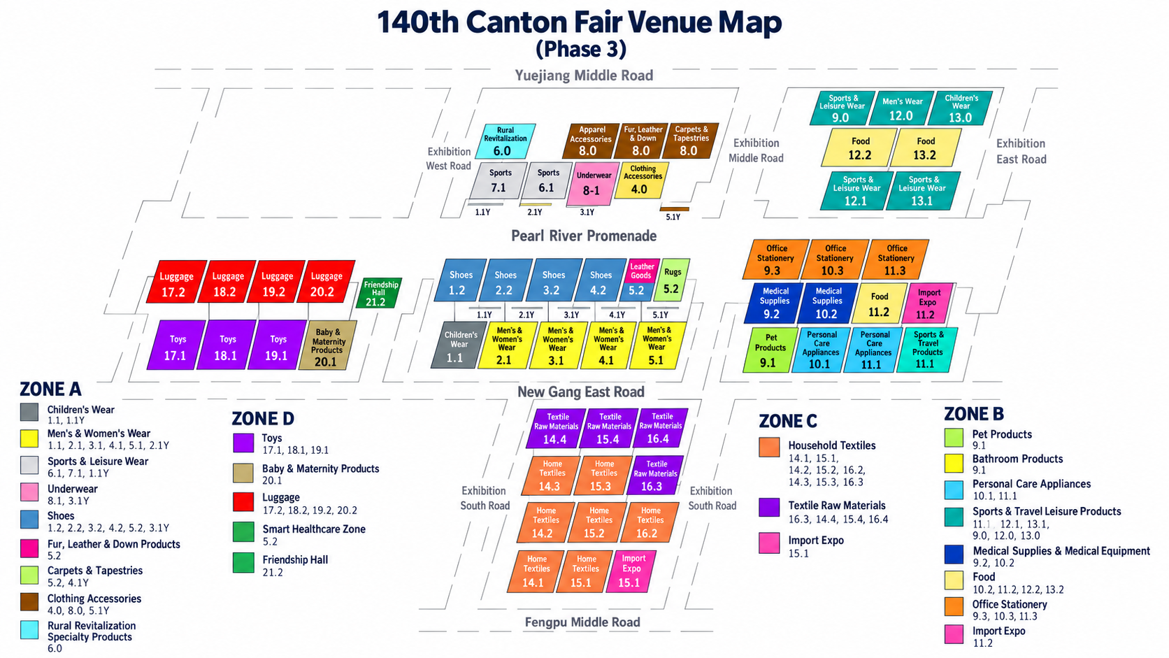 Canton Fair 2026 Phase 3 map showing fashion, food, health and consumer-product halls