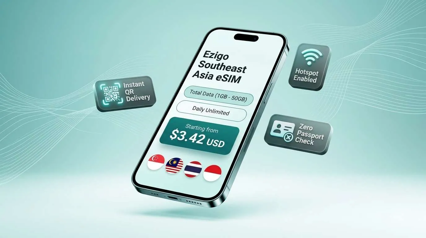 Ezigo 4-in-1 Southeast Asia eSIM plans showing daily data vs total data starting from 3.42 dollars