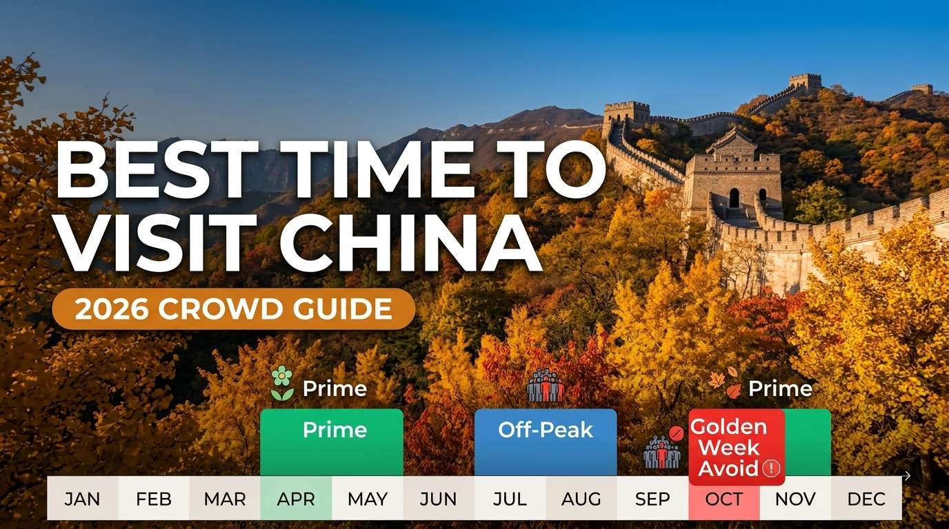 Best time to visit China 2026 crowd guide showing the Great Wall in autumn with seasonality timeline and Golden Week warning