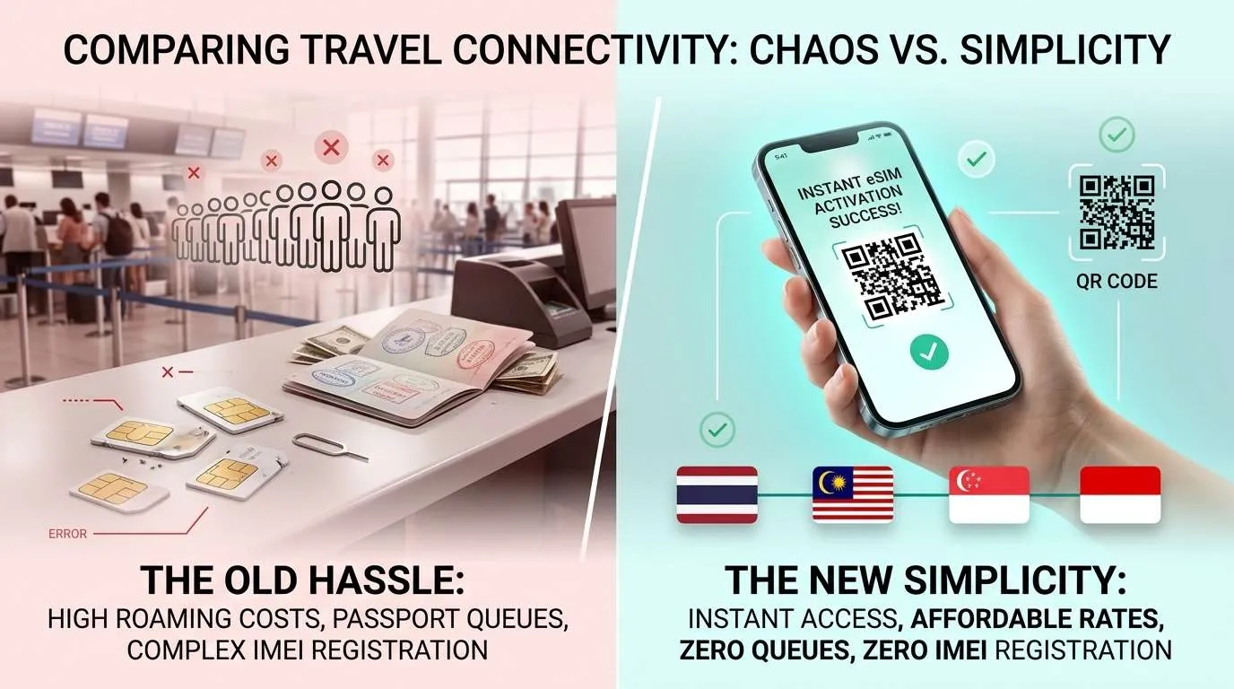 对比信息图：展示使用 4 张本地实体 SIM 卡的繁琐与使用东南亚区域 eSIM 的便捷
