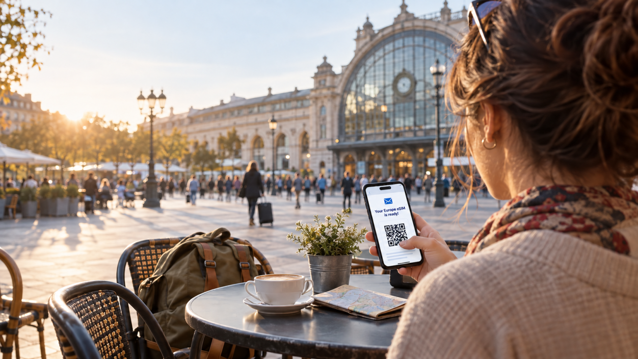 Traveller using a smartphone map at a European café near a rail station