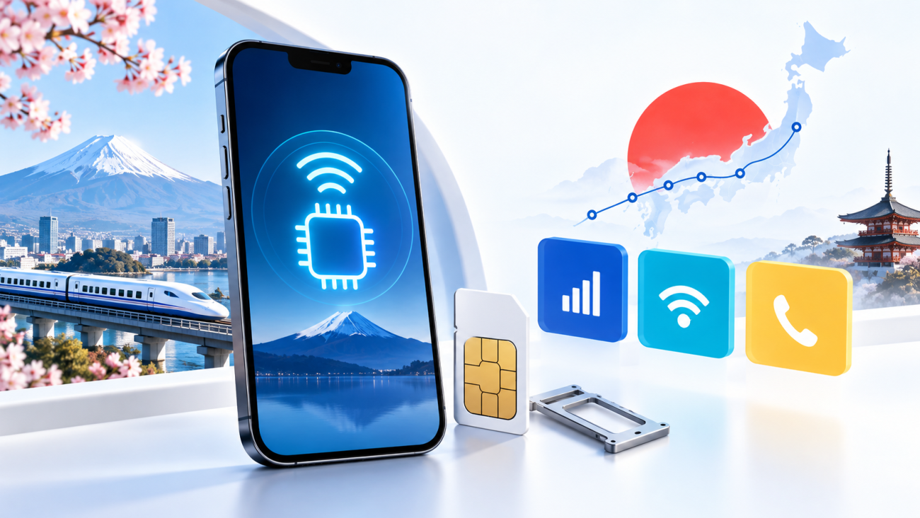Japan SIM card guide with a smartphone, physical SIM, eSIM signal and Japanese travel setting