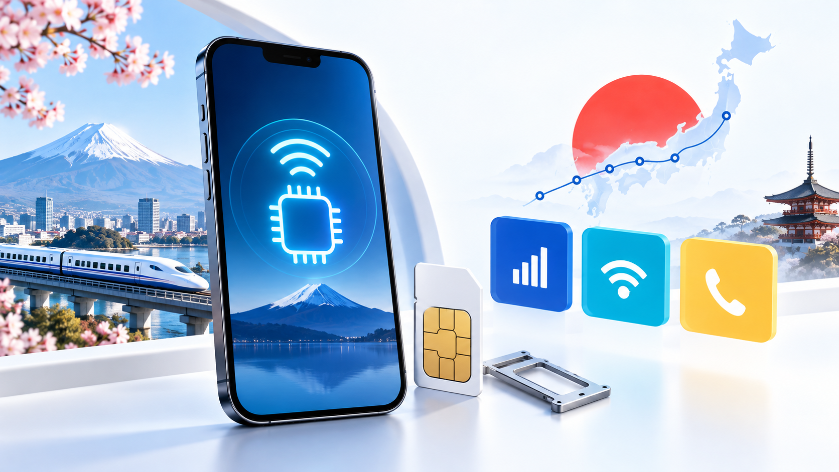 Japan SIM card guide with a smartphone, physical SIM, eSIM signal and Japanese travel setting