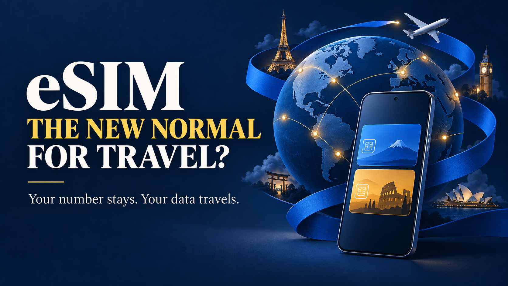 Editorial cover showing a connected globe and a phone, asking whether eSIM is the new normal for travel.