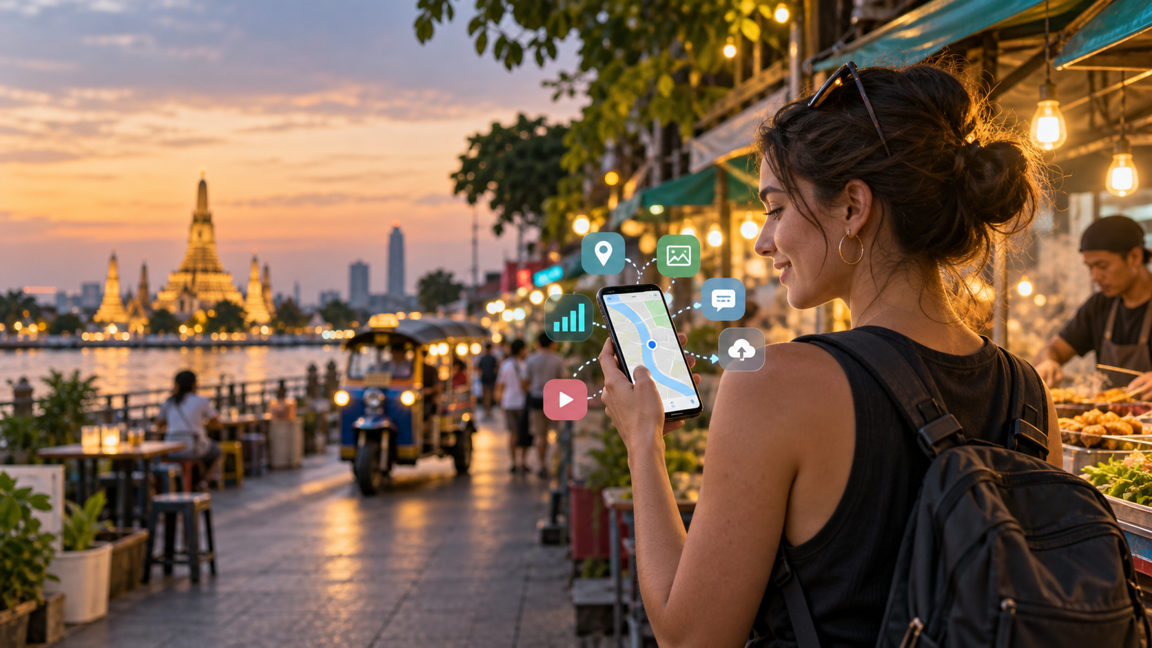 Thailand Reisedatennutzung: Karten, Nachrichten und Video Reisender in Thailand überprüft die Nutzung von Karten, Nachrichten und Videos bei der Planung eines mobilen Datenvolumens