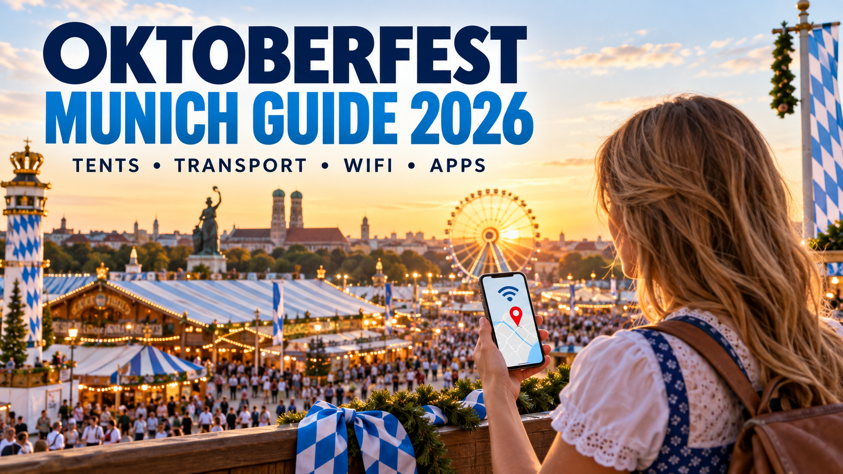 Oktoberfest Munich Guide 2026 with festival tents, Ferris wheel and a traveler using a phone