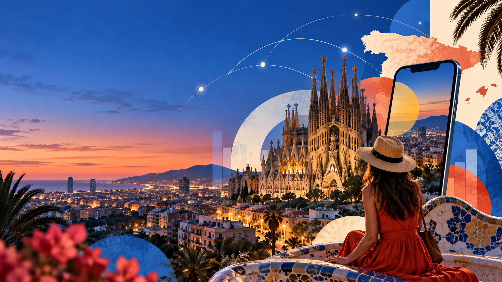 Barcelona at sunset with a traveler, smartphone and abstract eSIM connection lines