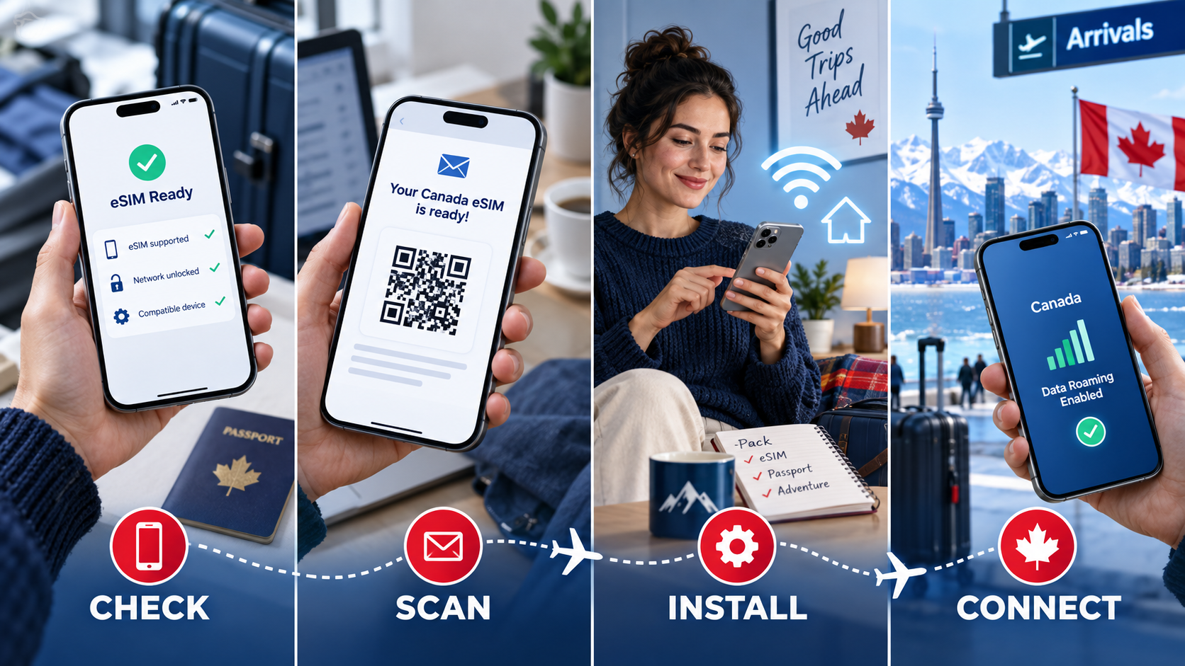 How to Set Up a Canada Travel eSIM Four-step Canada eSIM preparation process showing compatibility check, QR code, installation and arrival connection