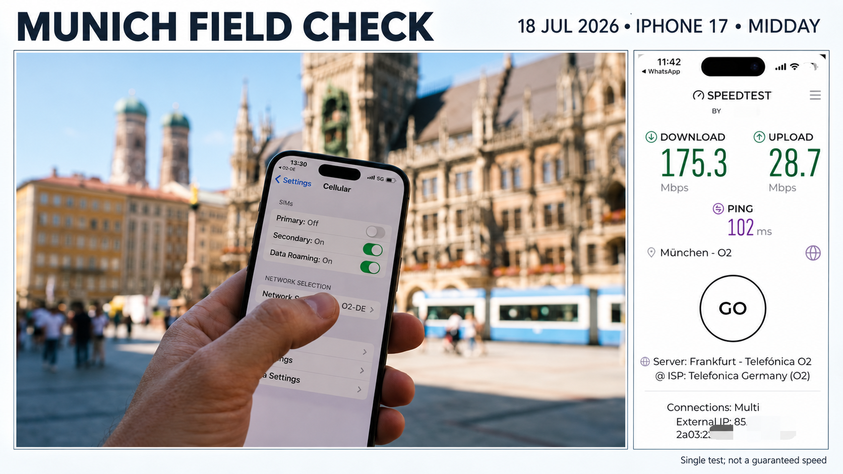 Ezigo eSIM O2 connection and speed test in Munich on July 18 2026