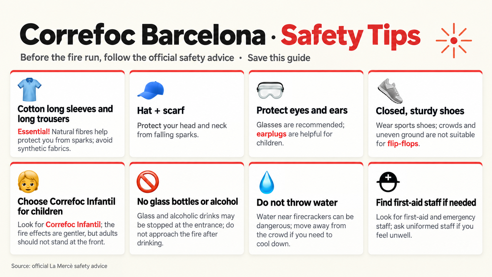 Safety tips for Correfoc Barcelona including natural fibres, sturdy shoes, eye protection and keeping a safe distance