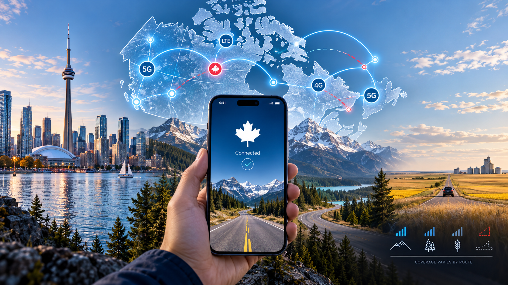 Canada Mobile Networks and Route Coverage Smartphone connecting across Canadian cities, mountain routes and prairie roads