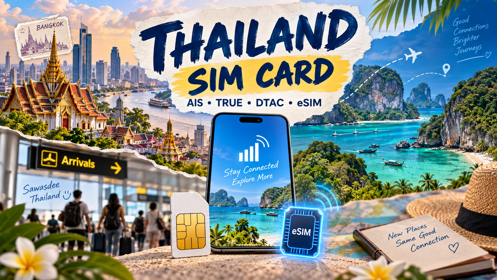 Thailand SIM card for tourists guide with a smartphone, physical SIM and eSIM travel connection