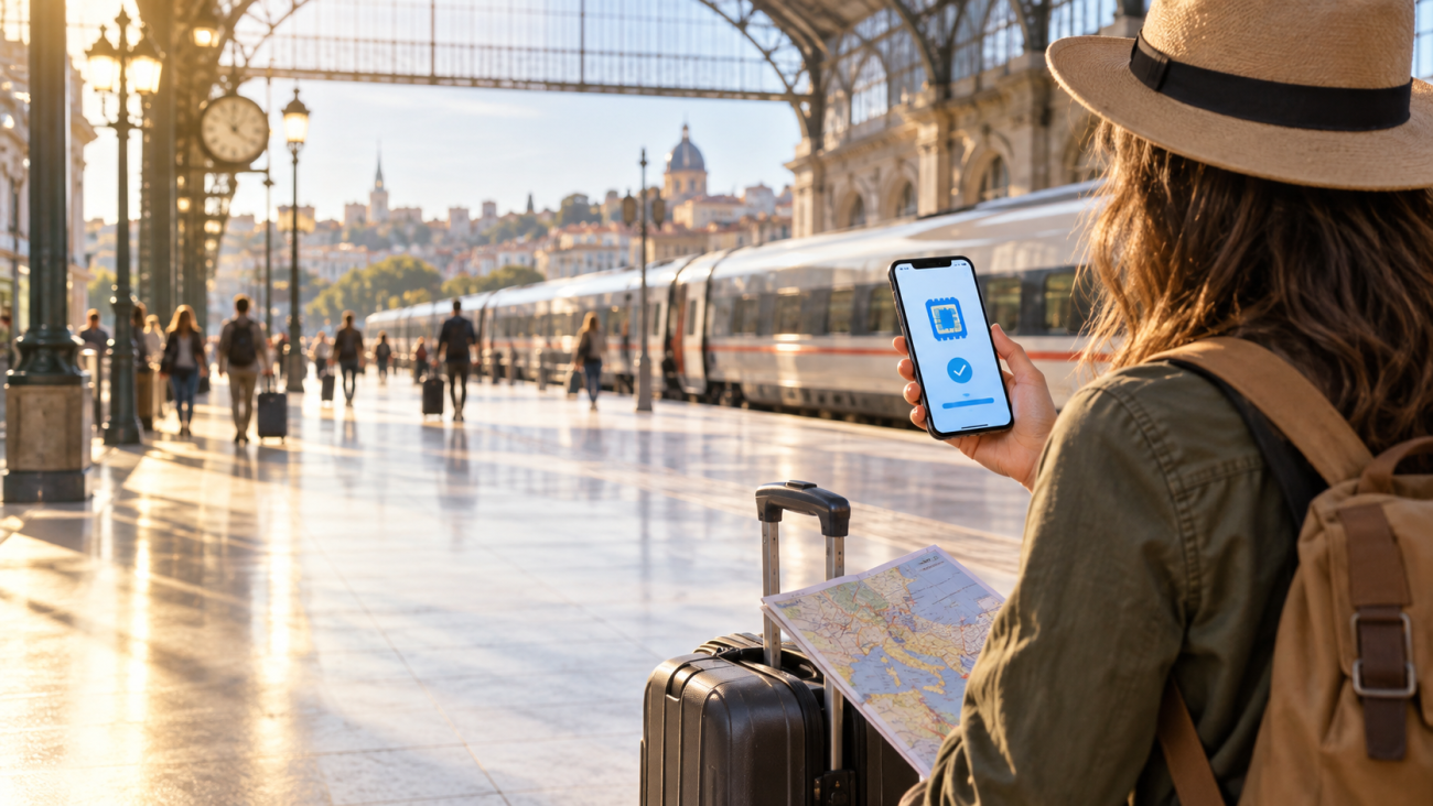 Traveller using a Europe eSIM at a railway station before a multi-country trip