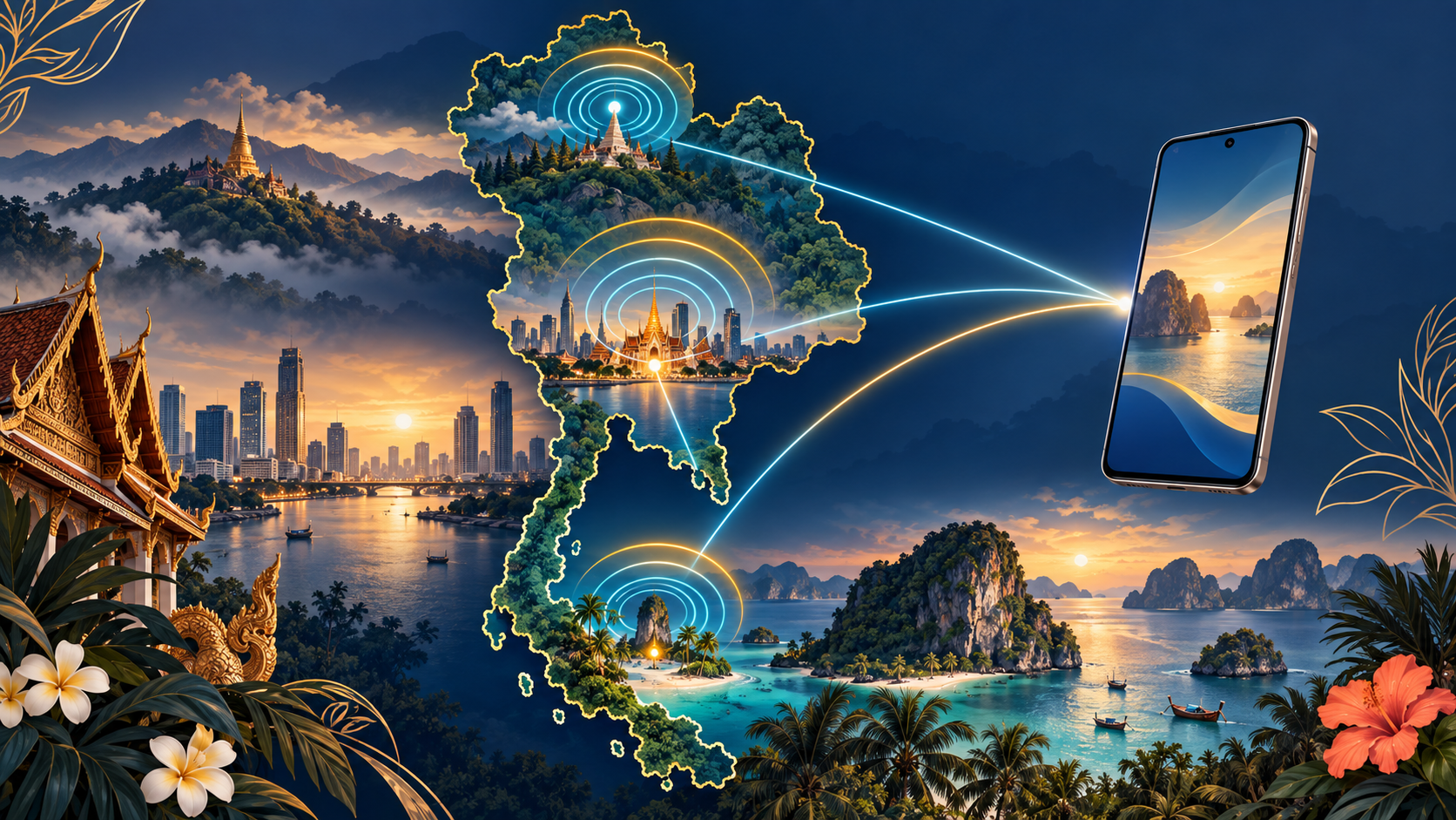 Thailand map with mobile signal layers connecting a traveler's phone in cities and island destinations