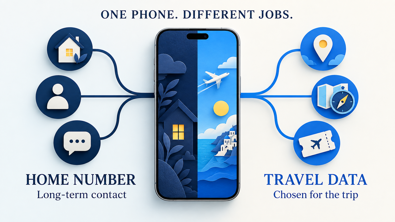 One illustrative phone connects a home number with long-term contacts and travel data with maps and tickets.