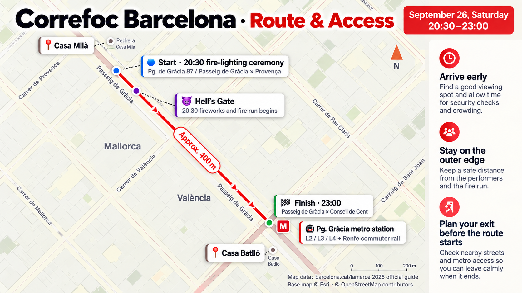 Map showing the Correfoc Barcelona route along Passeig de Gràcia from Diagonal to Pg. Gràcia station