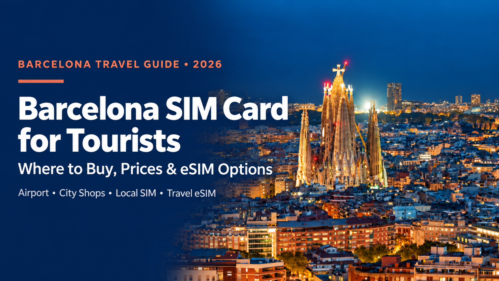 Barcelona skyline at night with article title about SIM cards, airport shops and travel eSIM options