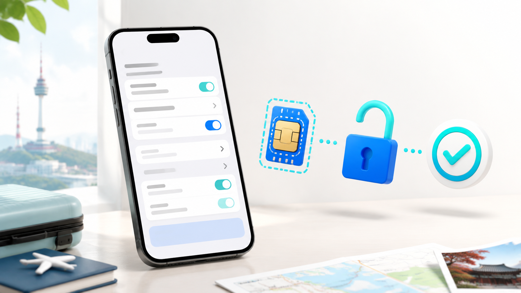 iPhone eSIM 호환성 확인 방법 eSIM 칩, 잠금 해제 자물쇠, 호환성 확인 아이콘이 포함된 일반 스마트폰