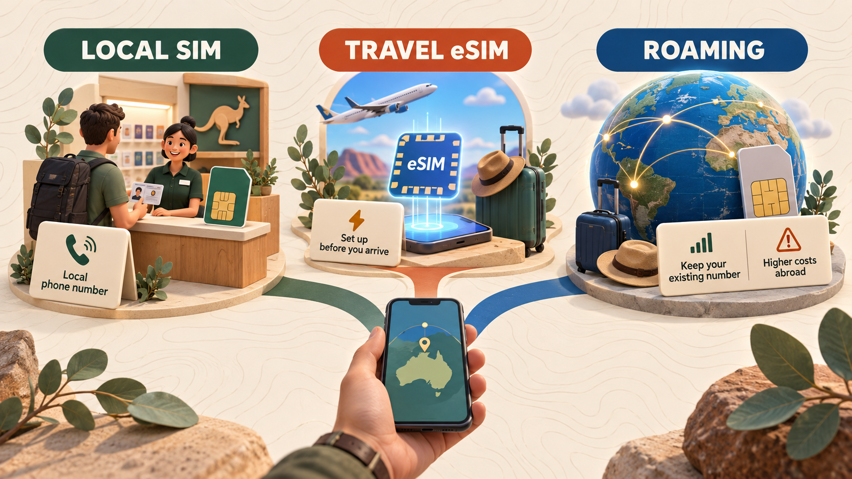 Local SIM vs Travel eSIM vs Roaming in Australia Local SIM, travel eSIM and roaming options for Australia