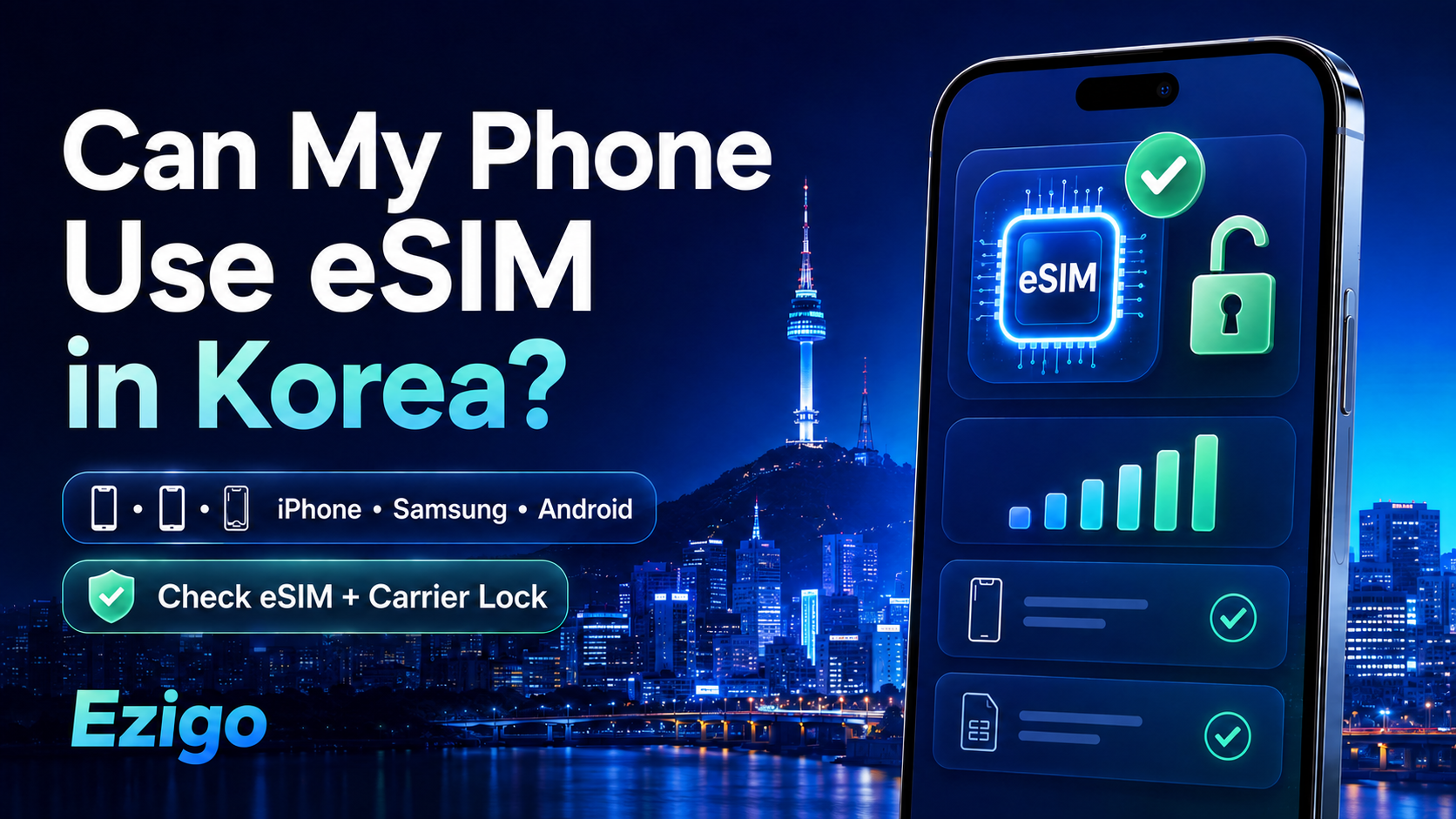 한국 내 아이폰, 삼성 및 안드로이드 기기의 eSIM 호환성 확인을 보여주는 스타일화된 Ezigo UI 커버