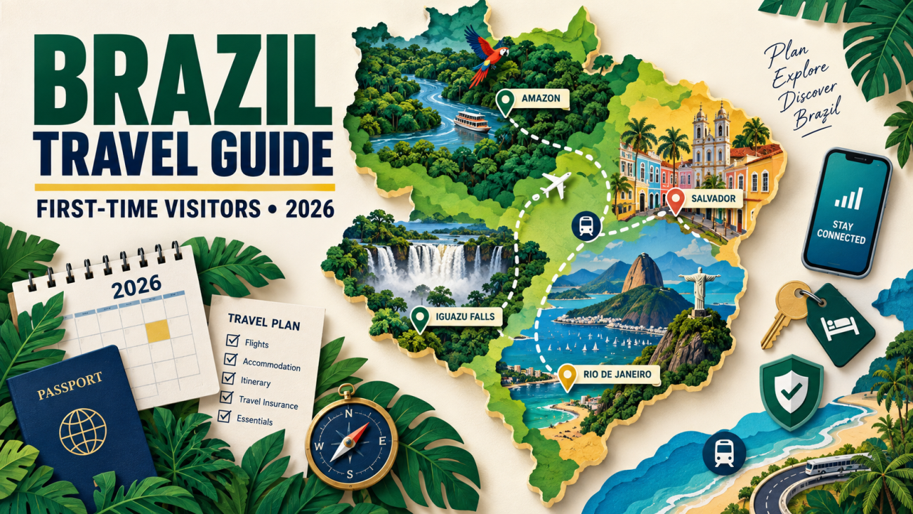Stylized Brazil travel map showing Rio de Janeiro, Salvador, the Amazon and Iguazu Falls with itinerary, safety and connectivity symbols