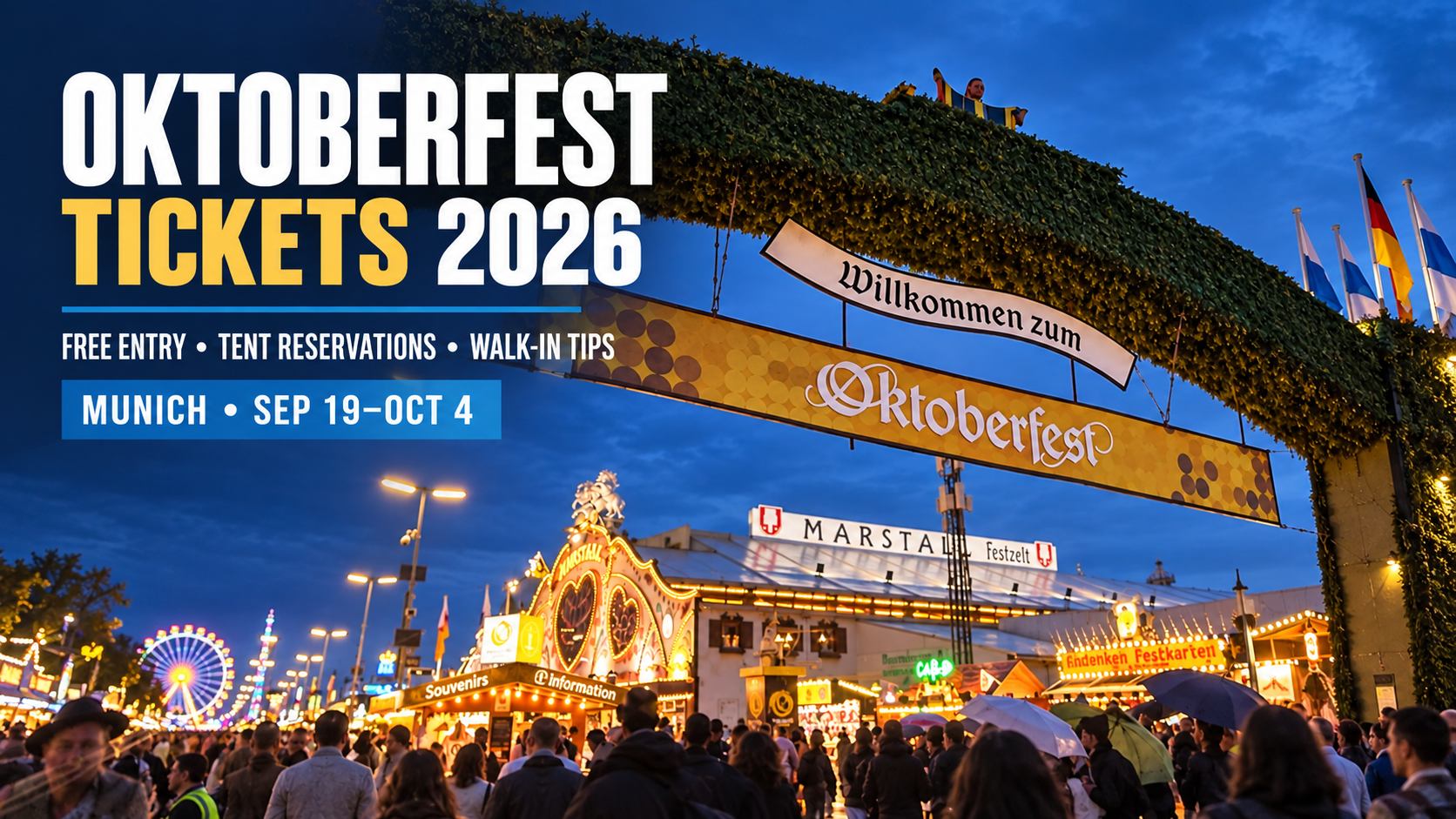 Entrée de l'Oktoberfest et tente du festival Marstall lors d'une soirée pluvieuse à Munich