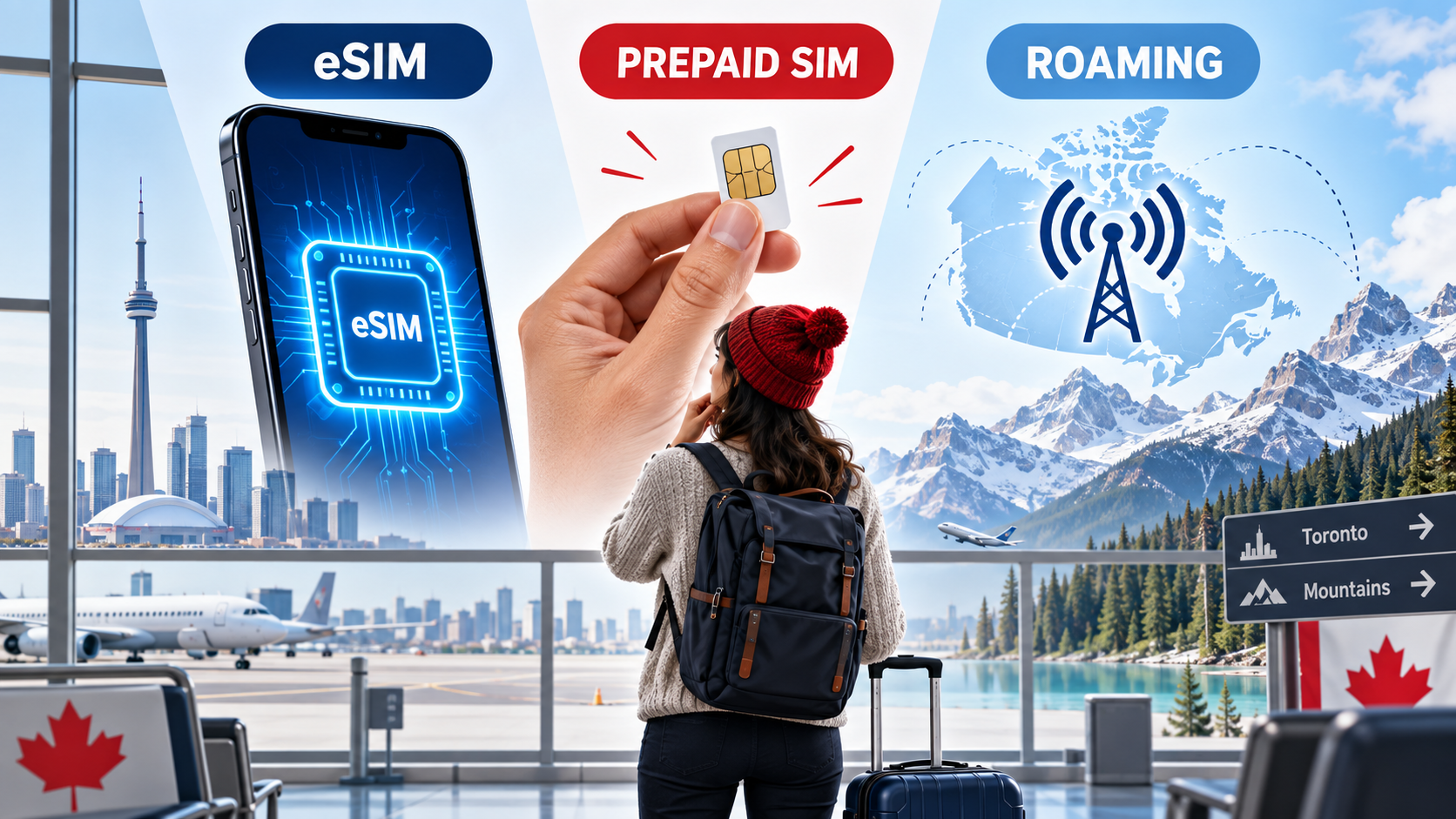 Canada eSIM vs Prepaid SIM vs Roaming Traveler comparing a Canada travel eSIM, local prepaid SIM and home-carrier roaming