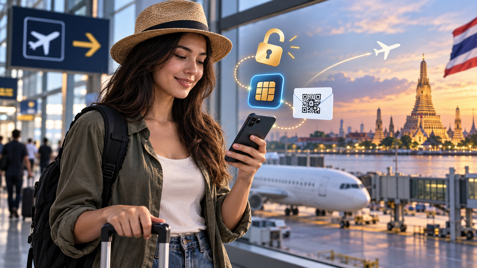 Traveler checking carrier lock and eSIM support on a phone before flying to Thailand