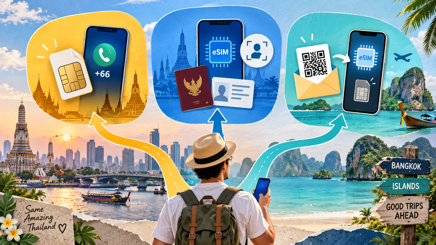 Thailand Tourist SIM, Local eSIM and Travel eSIM Options Traveler comparing a physical Thailand tourist SIM, a local operator eSIM and a travel data eSIM