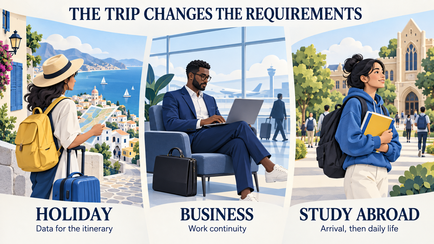 Three illustrated travelers show holiday data needs, business continuity and the transition from arrival to student life abroad.