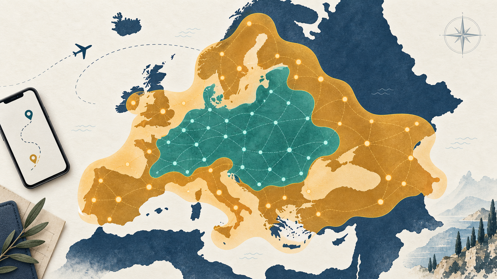 Mapa de cobertura de la eSIM de Europa que muestra los destinos regionales principales y ampliados
