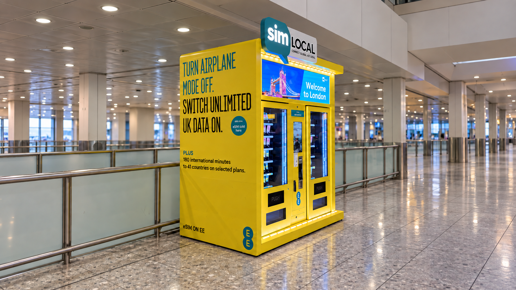 Yellow SIM Local and EE SIM card vending machine at Heathrow Terminal 3